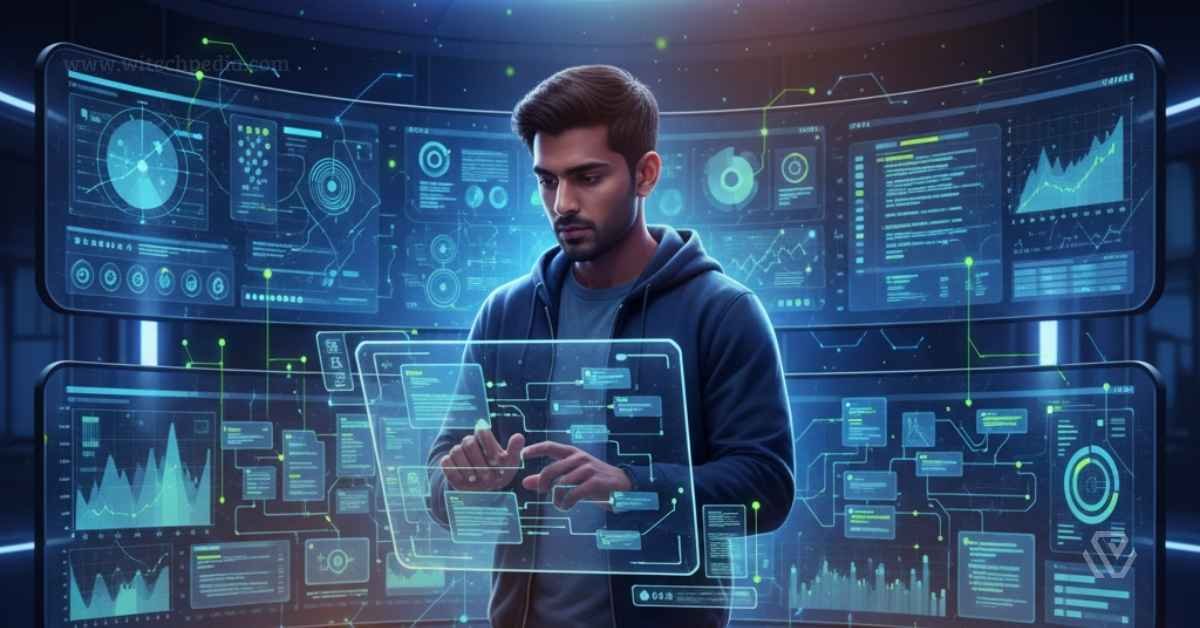 In this low-code programming revolution 2026 featured images, A developer using a holographic interface with streaming code and glowing AI neural network overlays.