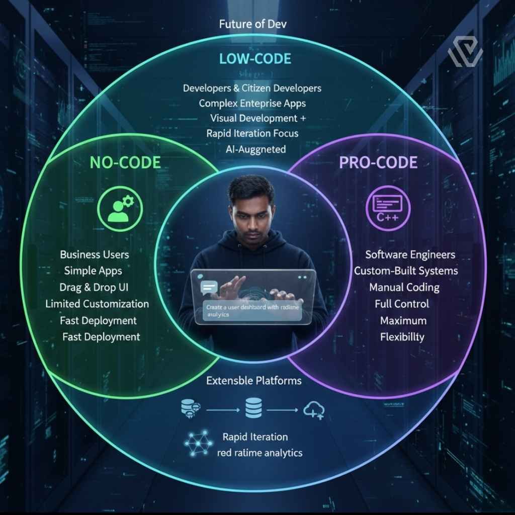 Infographic Venn diagram comparing target users and features of no-code, low-code, and pro-code development.