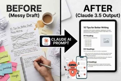 Best Claude AI prompts for writing transformation showing a messy draft turning into a polished blog post using Claude 3.5 Sonnet.