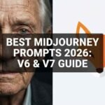 Best Midjourney Prompts 2026 guide featuring a split-screen comparison of hyper-realistic photography and vector logo design created with V6.