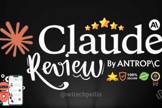 Claude AI review featured banner with Anthropic logo, robot chat interface, and rating badges on WiTechPedia
