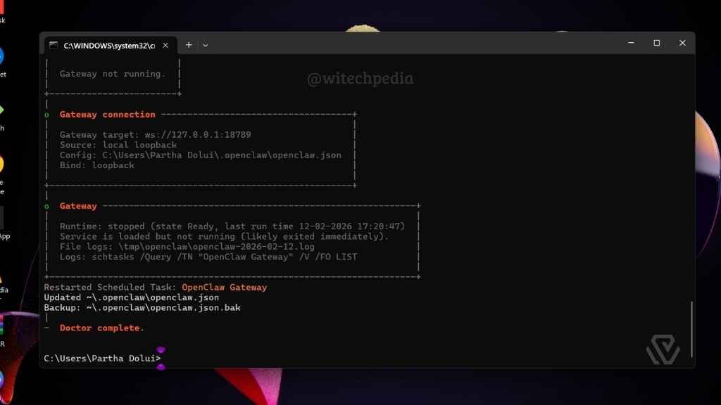 A terminal window displaying Fixing common Gateway  errors and the successful resolution commands.
