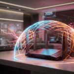 Futuristic smart home router protected by a digital shield, illustrating Home Network Hardening 2026 against cyber attacks.