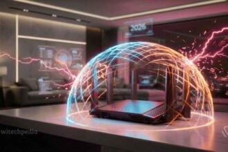 Futuristic smart home router protected by a digital shield, illustrating Home Network Hardening 2026 against cyber attacks.