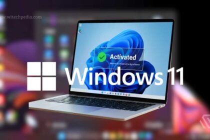 A WiTechPedia branded laptop display showing a successful activation screen for a guide on how to activate Windows 11 for free.