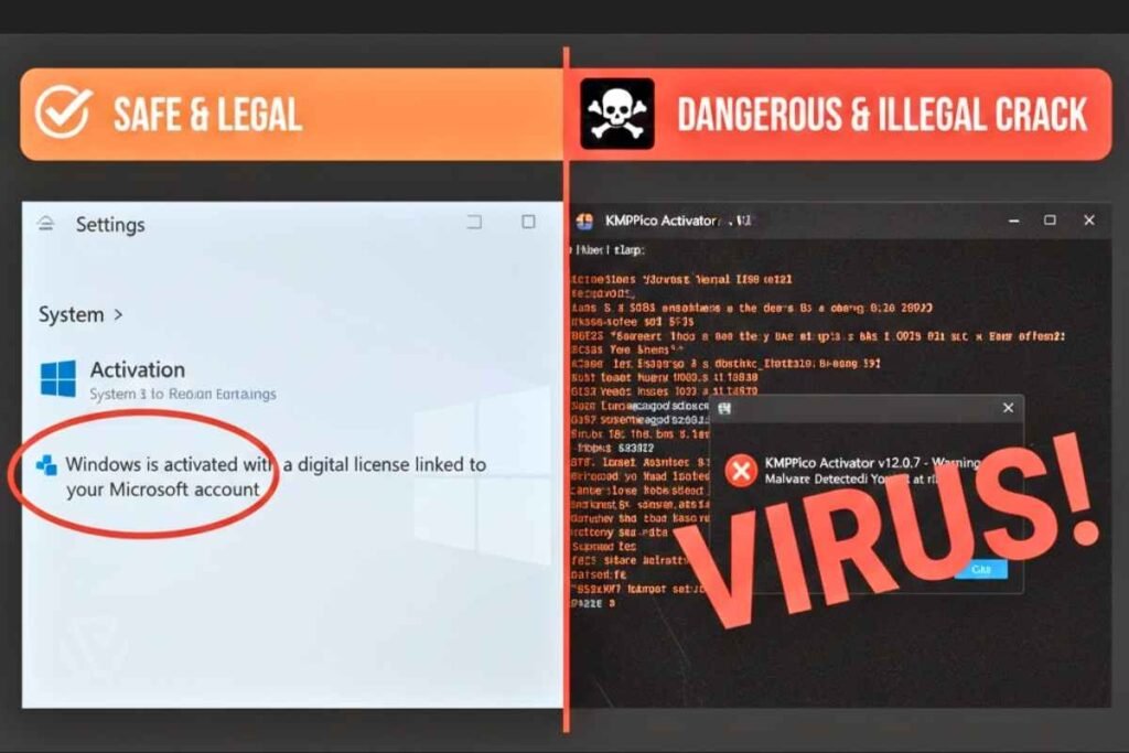 Warning against illegal tools when searching for how to activate Windows 11 for free.