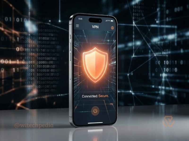 Smartphone displaying a mobile VPN app interface with a secure connection shield icon.