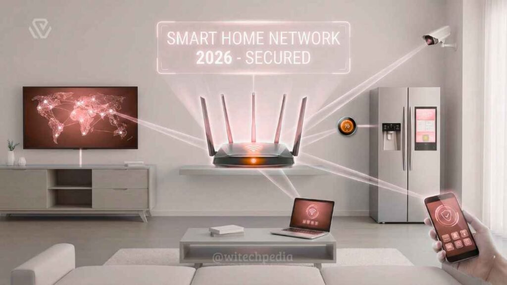 A futuristic illustration of a secured smart home network in 2026, showing various IoT devices connected to a central Wi-Fi router.