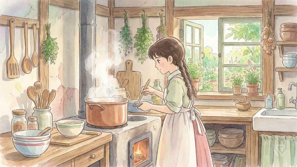 Studio Ghibli style anime girl cooking created with Midjourney Niji 6 prompts.
