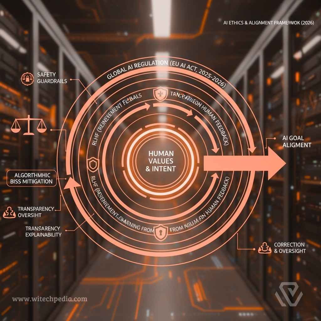 A conceptual graphic illustrating the alignment of AI goals with human values through safety guardrails and feedback loops.