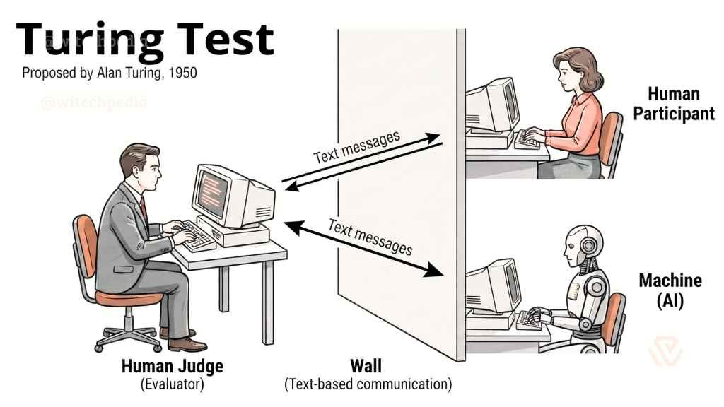 A diagram illustrating Alan Turing's Turing Test, where a human judge communicates via text with a human and a machine to determine which is which.