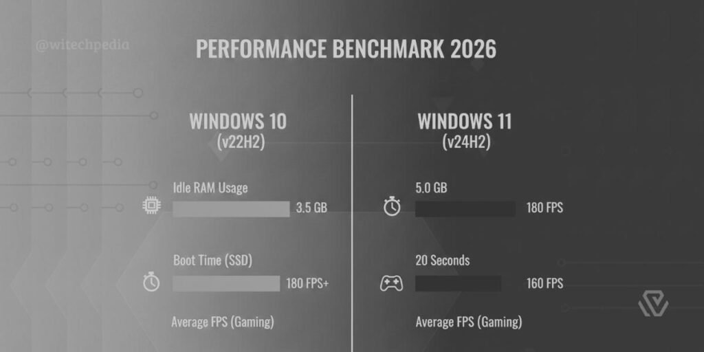 Windows 10 review 2026 performance comparison vs Windows 11 benchmark