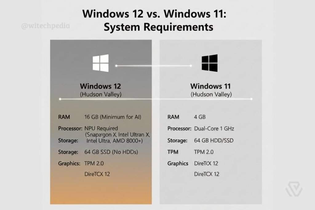 Infographic comparing Windows 12 requirements and hardware specs against Windows 11