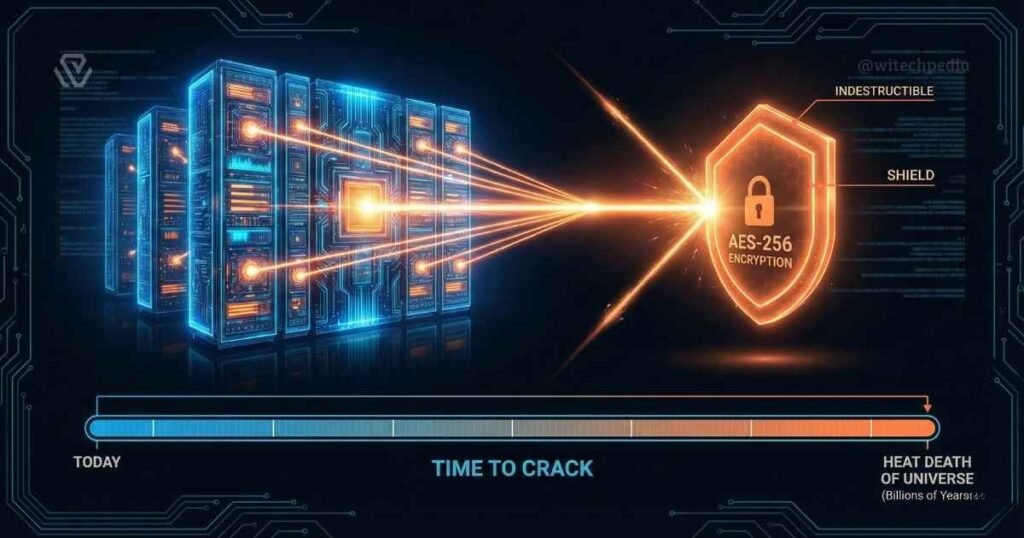 Infographic showing a supercomputer trying to crack AES-256 encryption with a timeline of billions of years.