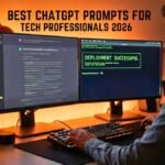 A tech professional at a dual-monitor setup using the best chatgpt prompts to automate coding and productivity tasks.