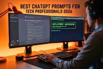 A tech professional at a dual-monitor setup using the best chatgpt prompts to automate coding and productivity tasks.