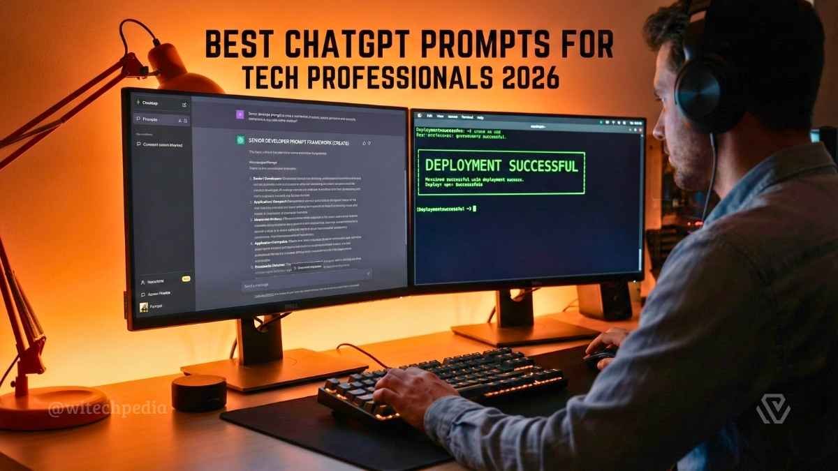 A tech professional at a dual-monitor setup using the best chatgpt prompts to automate coding and productivity tasks.