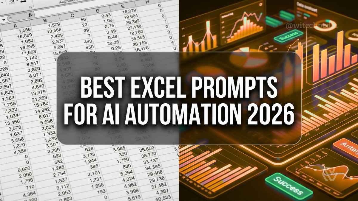 Best Excel Prompts 2026 guide featuring a split screen of raw data and a polished AI-generated dashboard.