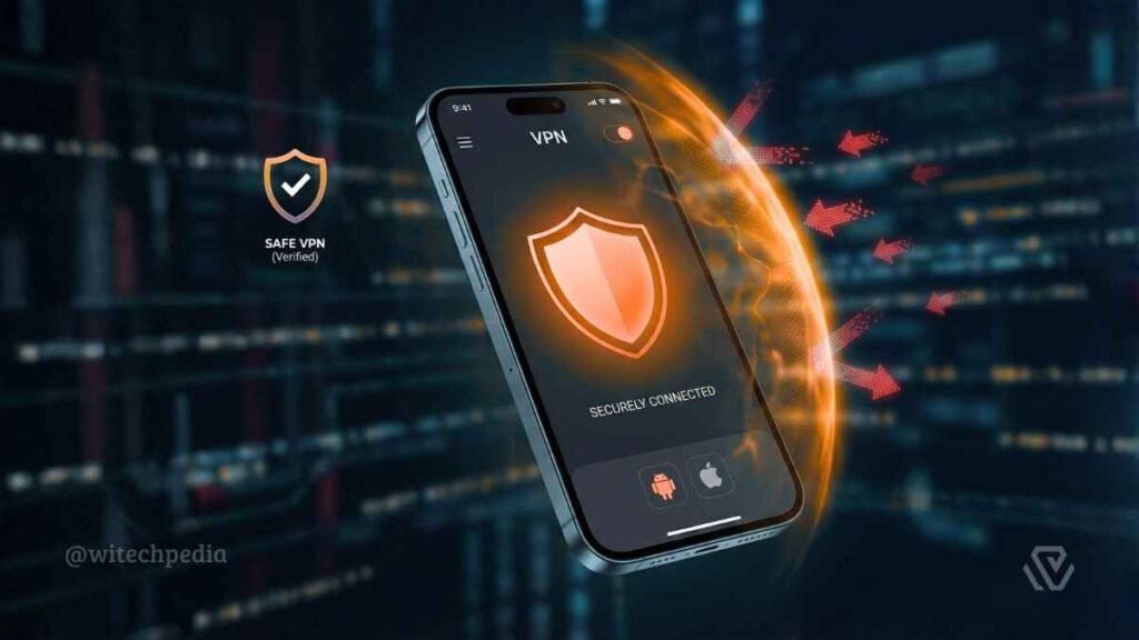 A smartphone with a orange secure connection shield, illustrating the best free VPN for Android and iPhone users on public Wi-Fi.