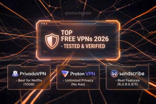 Best free VPN services of 2026 comparison collage featuring PrivadoVPN, Proton VPN, and Windscribe logos on a secure shield background.