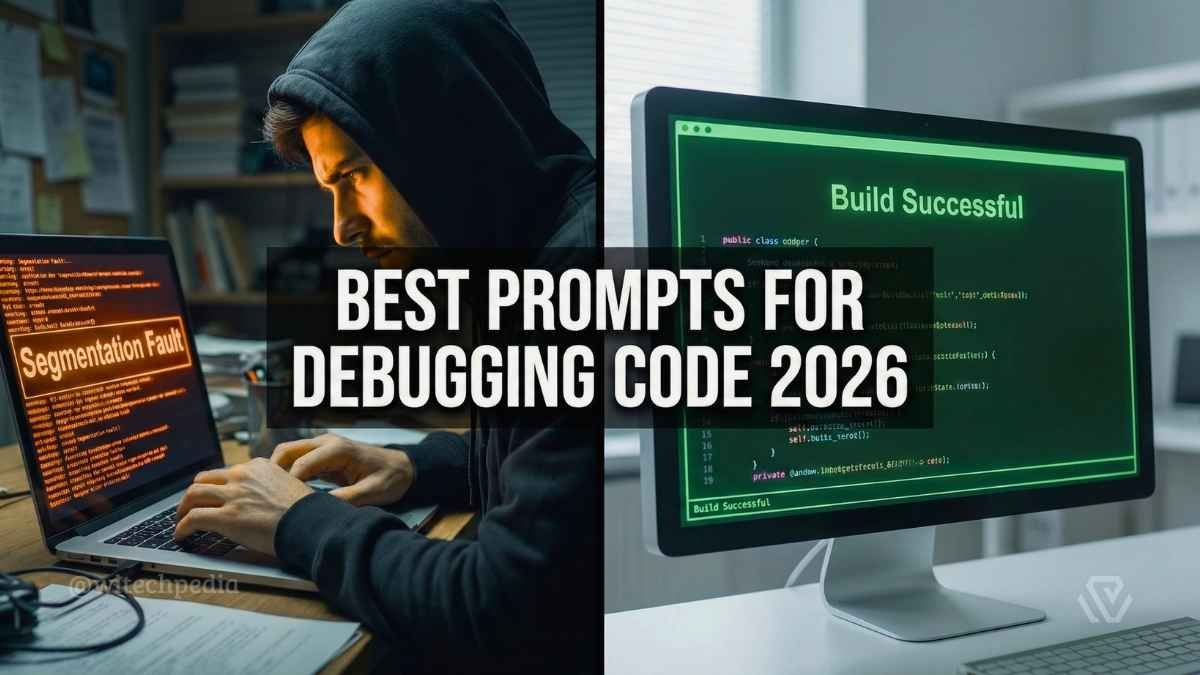 Best Prompts for Debugging Code 2026 guide featuring a split screen of a frustrated developer and a clean, bug-free AI code solution.