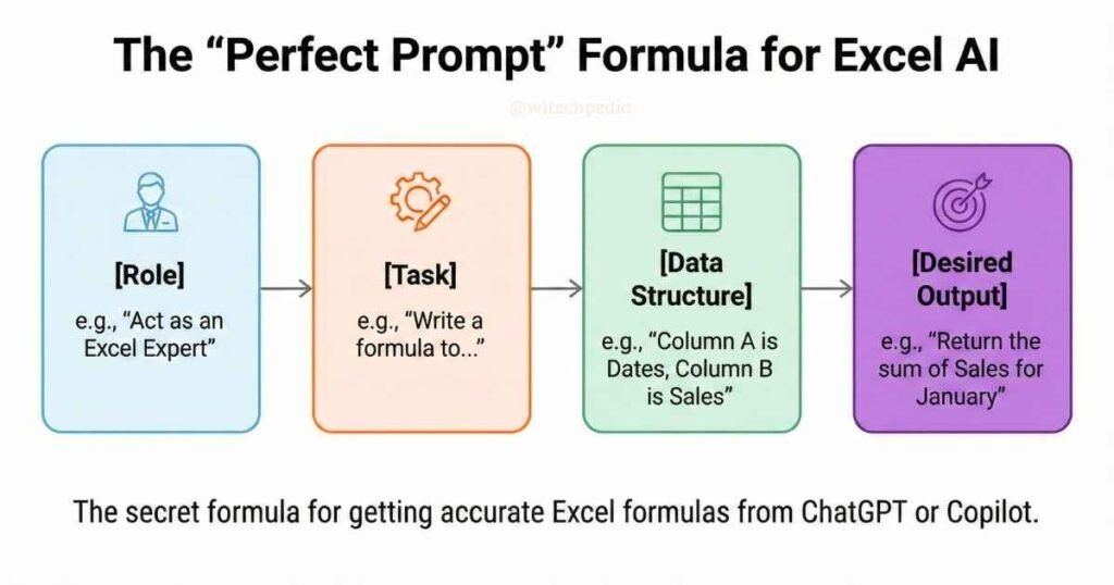 Infographic showing the formula for writing the best prompts for Excel: Role + Task + Data + Output.