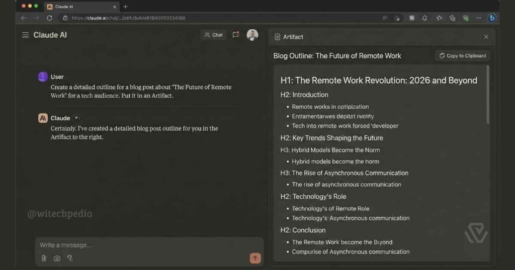 Claude AI Artifacts feature generating a detailed SEO blog outline about remote work in a side-by-side window.