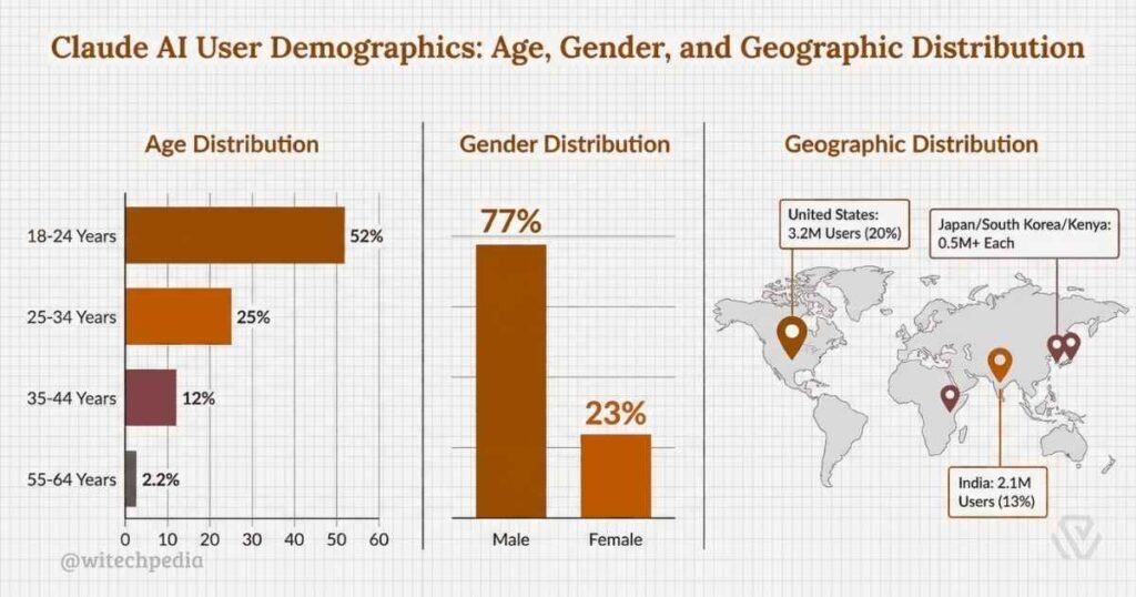 Claude AI user demographics infographic showing age distribution (52% aged 18-24), gender split (77% male), and top geographic regions including USA (3.2M users) and India.