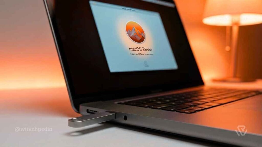 A silver USB-C flash drive plugged into a MacBook Pro M5 displaying the macOS Tahoe 2026 installer screen.