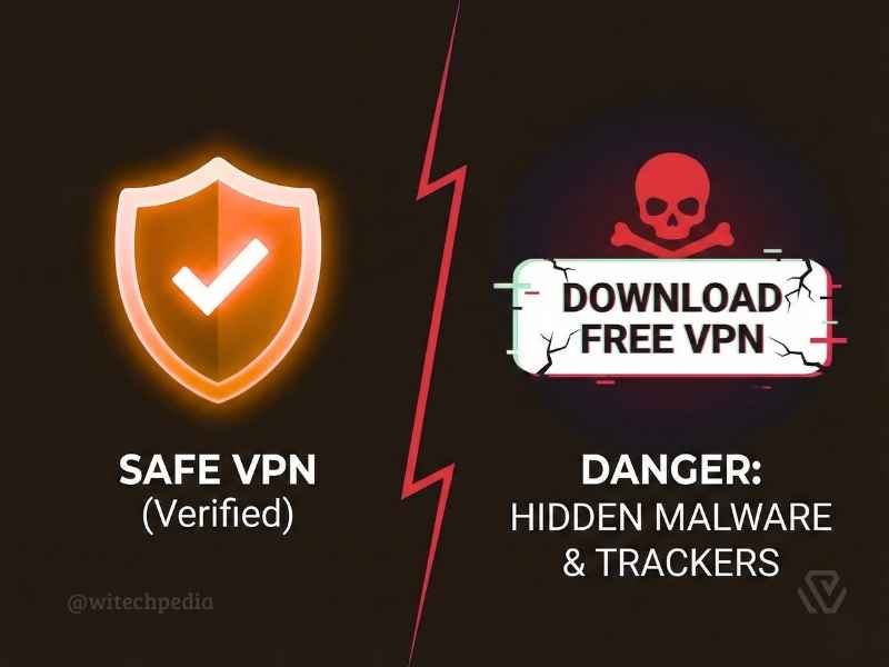 Warning graphic showing a "Free VPN" app containing a hidden malware bug, highlighting the risks of unsafe free VPNs.