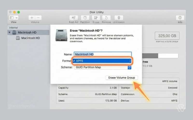 Utility window in macOS Recovery showing the correct APFS format and GUID Partition Map settings for a clean install.
