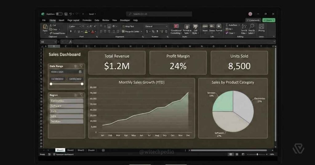 Modern Excel sales dashboard visualization showing monthly growth trends and top products.
