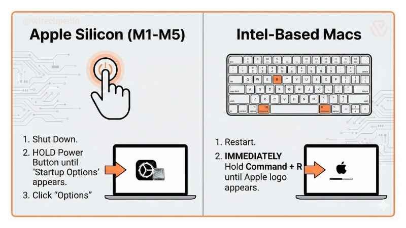 Comparison of how to enter Recovery Mode on Apple Silicon (Hold Power) vs Intel Macs (Command R).