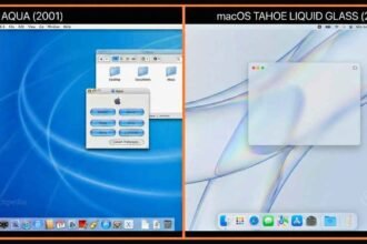 Comparison of the original Mac OS X Aqua interface (2001) and the modern macOS 26 Tahoe Liquid Glass UI.