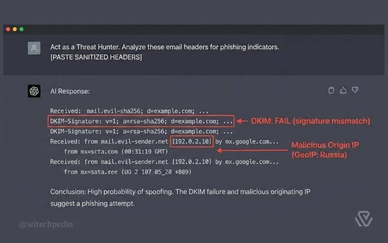 ChatGPT interface demonstrating phishing email analysis with AI to trace malicious IPs and DKIM failures.