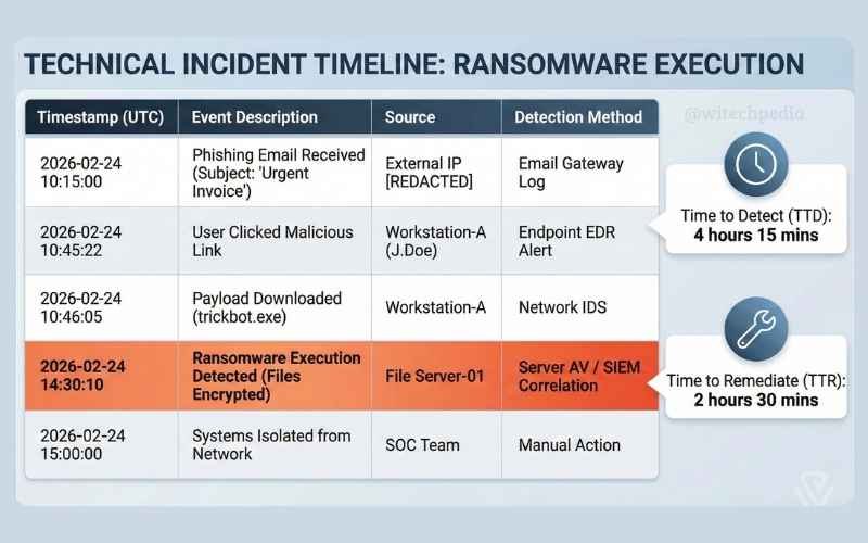 AI-generated technical timeline table for a cybersecurity incident report showing time to detect and remediate.