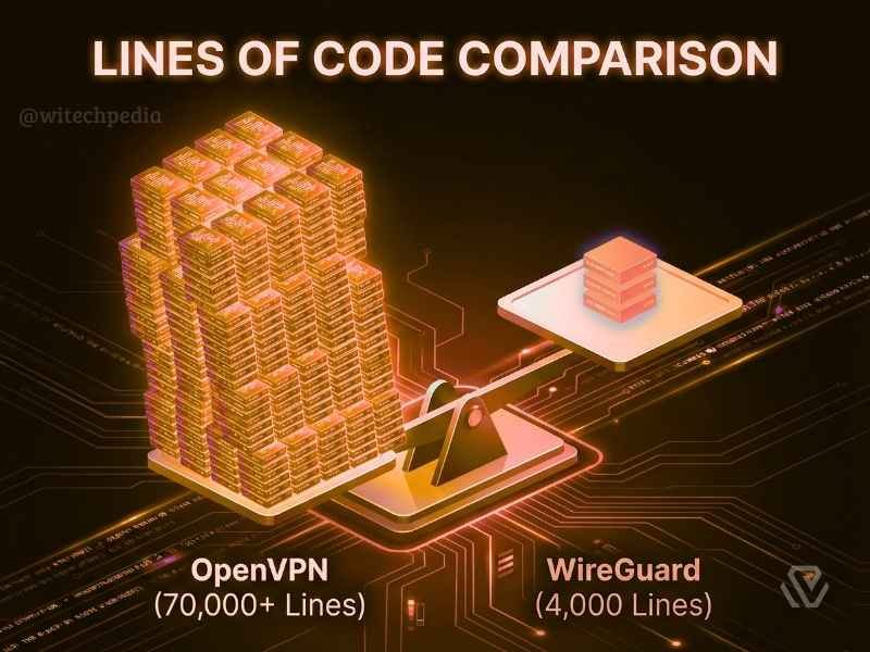 Illustration comparing the massive code base of OpenVPN protocols against the lightweight WireGuard code.