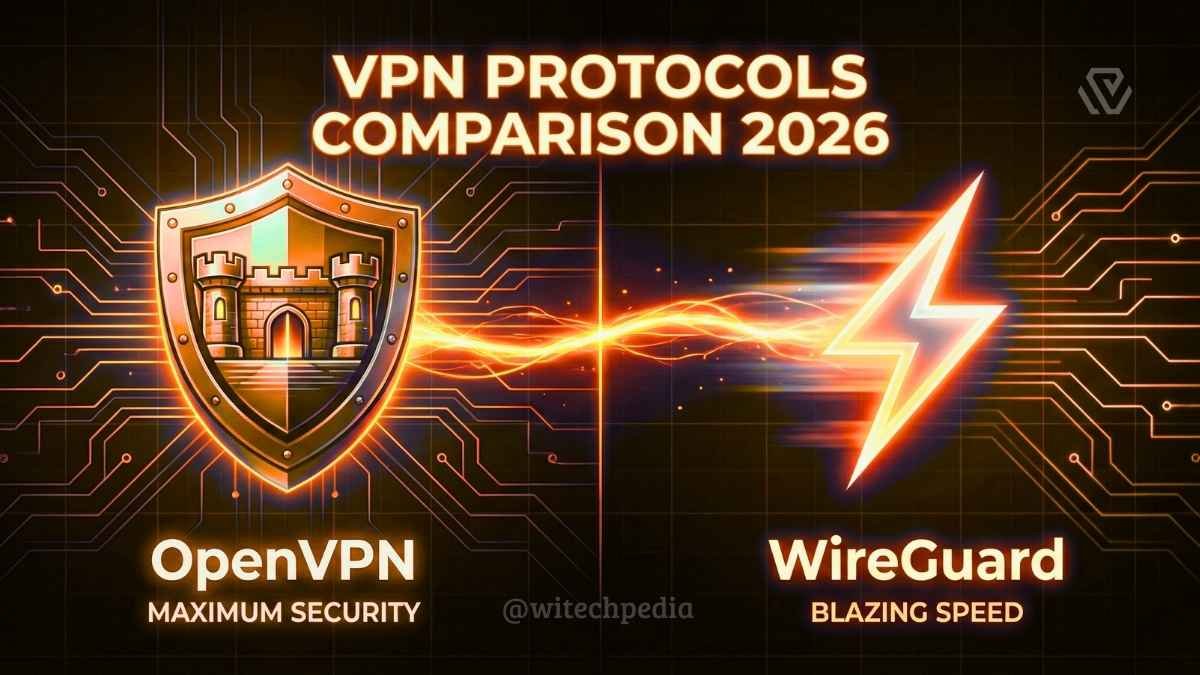 Comparison of VPN protocols showing OpenVPN vs WireGuard speed and security features for fastest VPN performance.