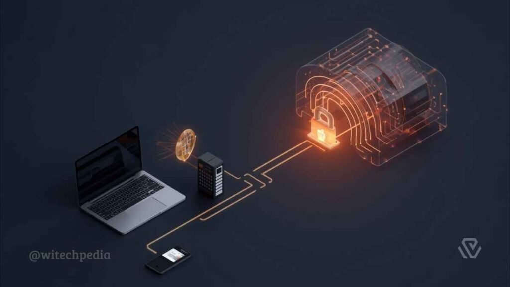 3D illustration showing a laptop and smartphone connecting through a glowing orange encrypted tunnel with a padlock, demonstrating what is a VPN.