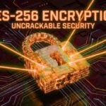 3D illustration of a digital lock using AES-256 encryption keys to protect data, demonstrating military-grade encryption security.