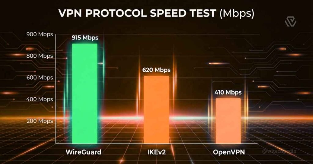 Bar graph showing WireGuard VPN protocol speed (Mbps) versus OpenVPN and IKEv2.