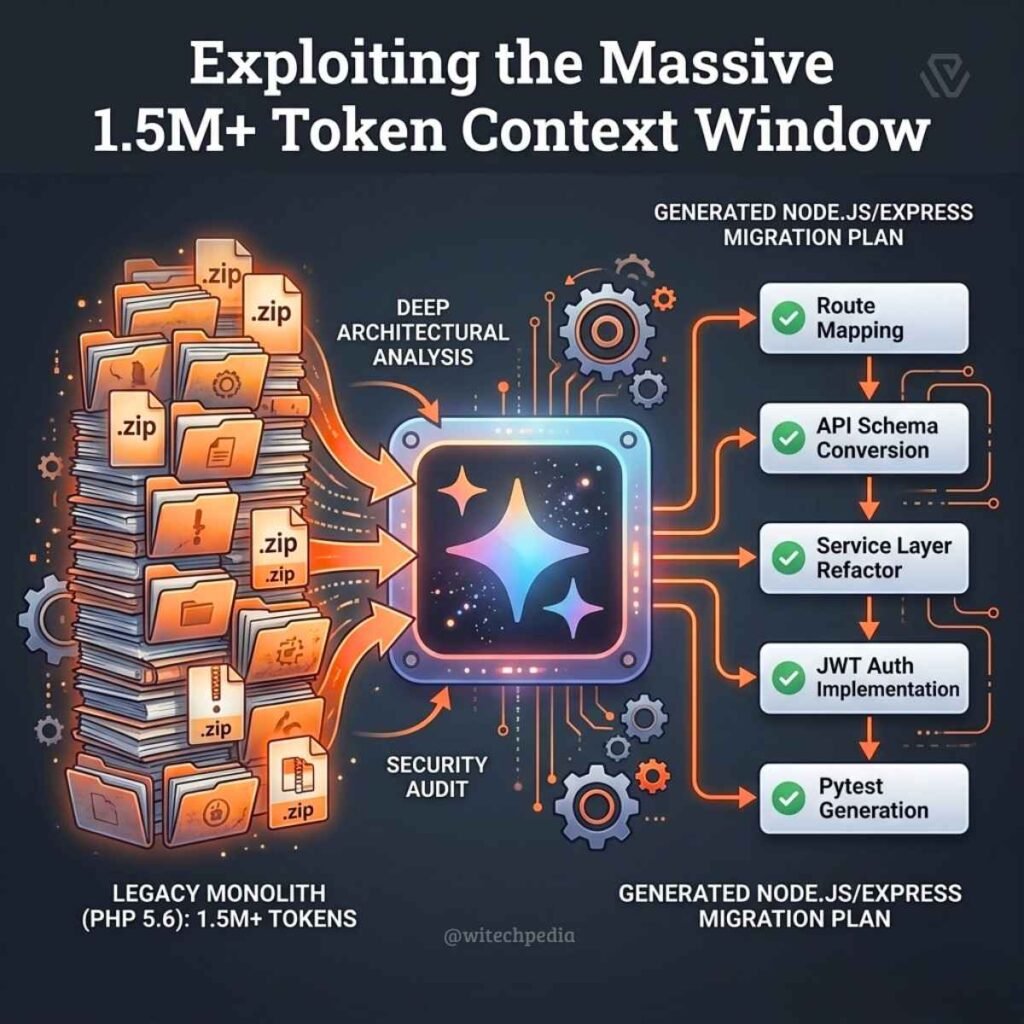 Infographic Showing How To Analyze Codebase With Gemini 1.5 Pro Using Its Massive 1.5 Million Token Context Window And Google Gemini Advanced Prompts.