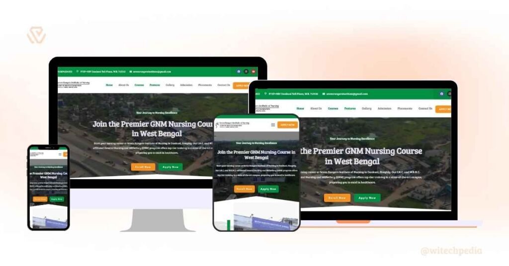 Responsive Web Design Showcase For Seven Rangers Institute Of Nursing Educational Portal On Desktop, Laptop, And Mobile Screens, Featuring Gnm Course Information.