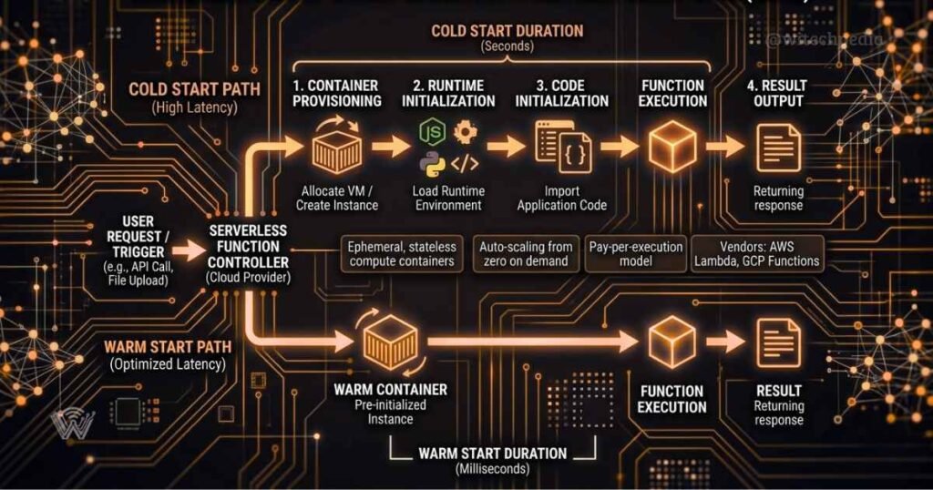 A Timeline Diagram Visualizing The Latency Introduced By A Serverless Cold Start When An Inactive Function Is First Executed.