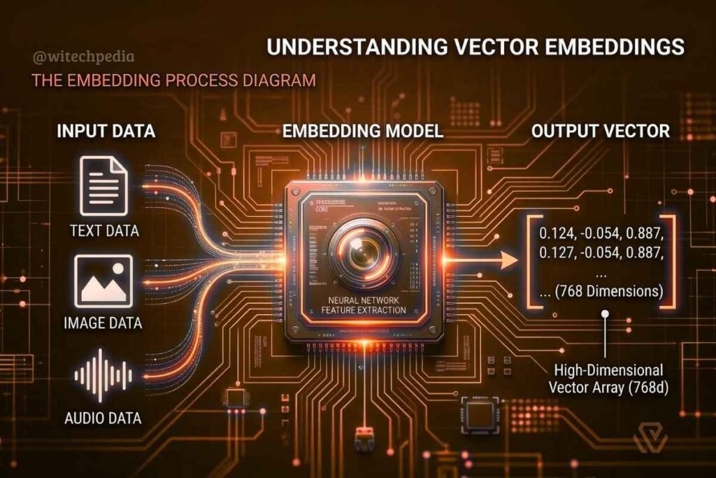 Diagram Showing How Ai Vector Embeddings Convert Unstructured Data Into High-Dimensional Data Arrays.