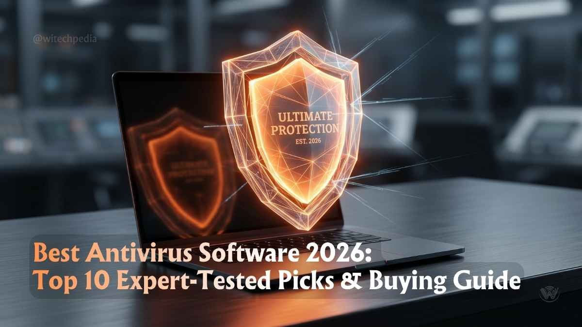 Futuristic glowing shield representing the best antivirus software 2026 protecting a modern PC setup from threats.