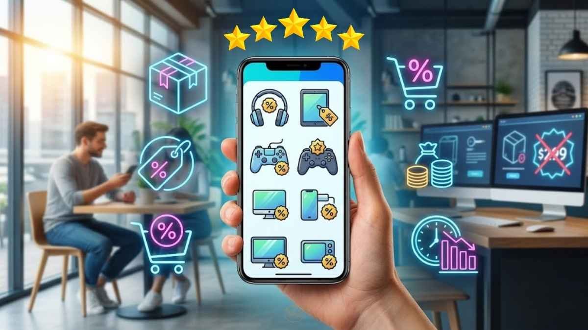 A close-up of a hand holding a smartphone displaying various technology products like headphones and controllers with discount tags. Glowing neon icons of shopping carts, sale tags, and price drops float around the phone against a blurred background of a modern workspace.